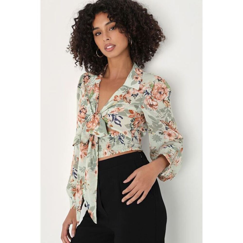 Lulus Precisely Perfect Sage Green Floral Tie-front Long Sleeve Top - Size M
